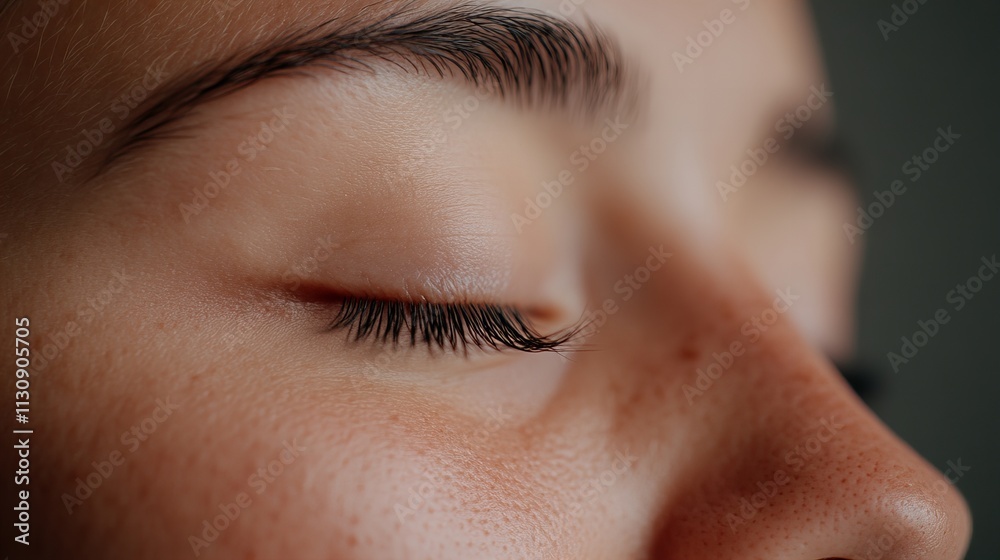 Obraz premium Close-up of a young woman's eye with long lashes, showcasing natural beauty and detailed skin texture.