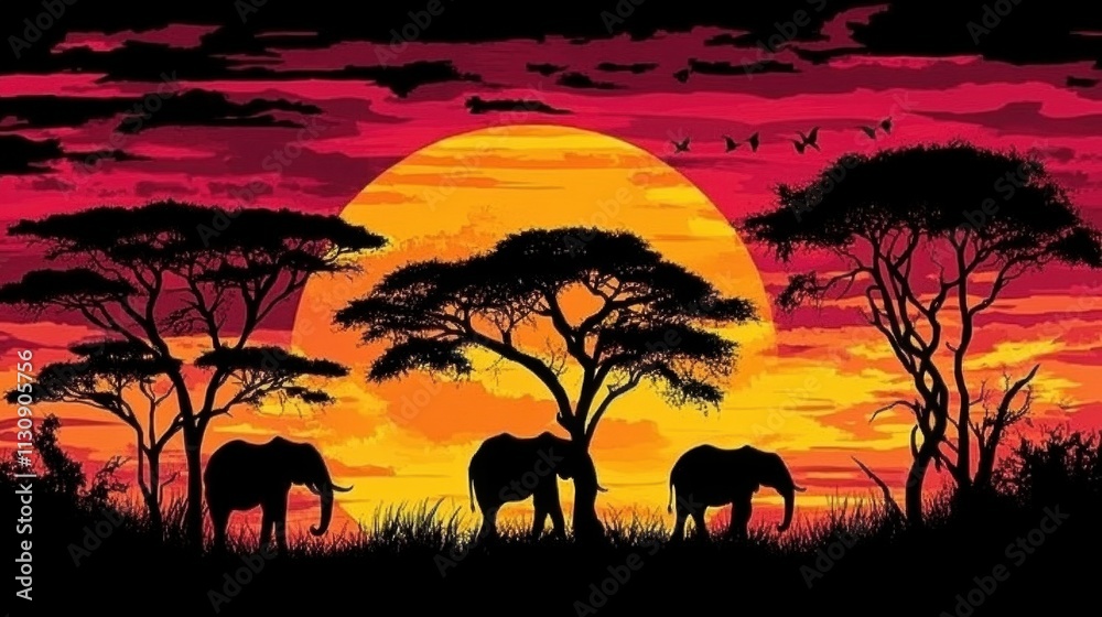 Naklejka premium Sunset over a savanna landscape with silhouettes of acacia trees and grazing animals 