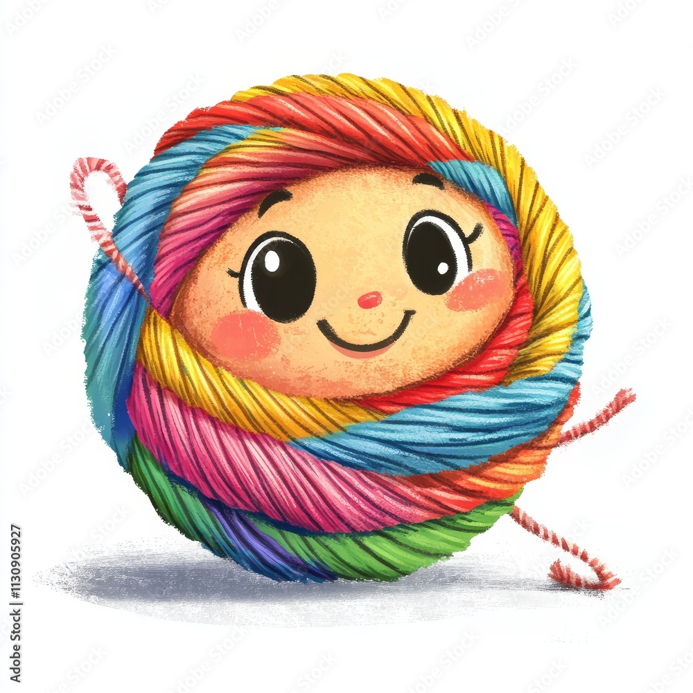 Fototapeta premium A cartoon yarn ball knitting itself into a cheerful scarf