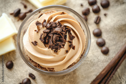 A velvety mocha mousse background with soft swirls of coffee and subtle caramel accents. photo