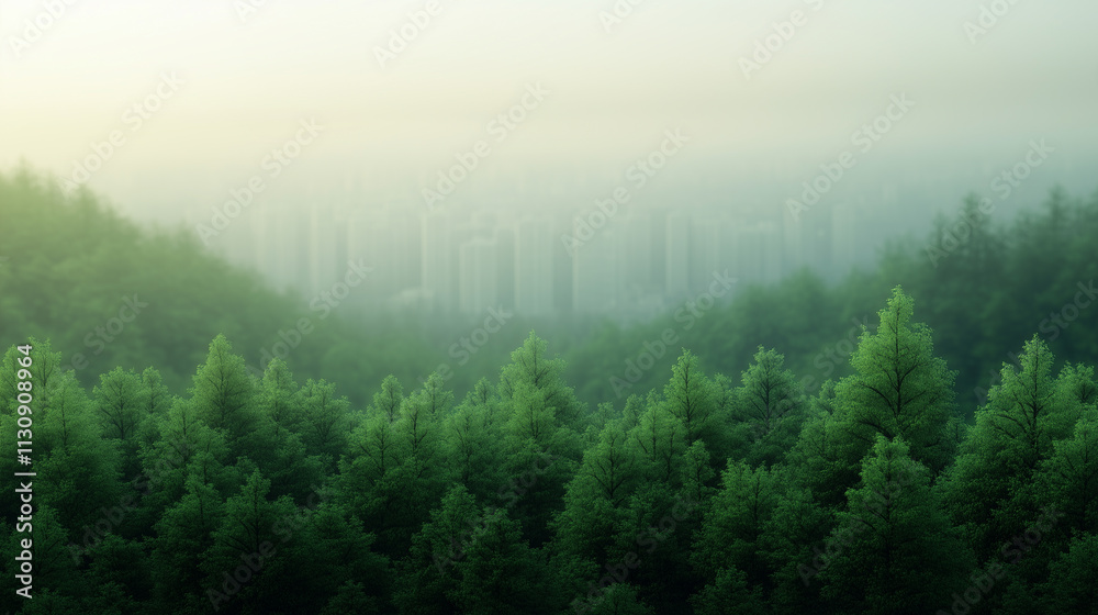 Fototapeta premium serene landscape featuring lush green trees in foreground with misty city skyline in background, creating tranquil atmosphere.