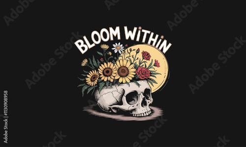 Bloom within logo with skull and flowers growing inside