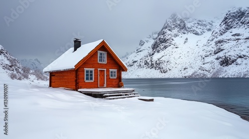 Charming Orange Cabin by Frozen Lake Surrounded by Snowy Mountains