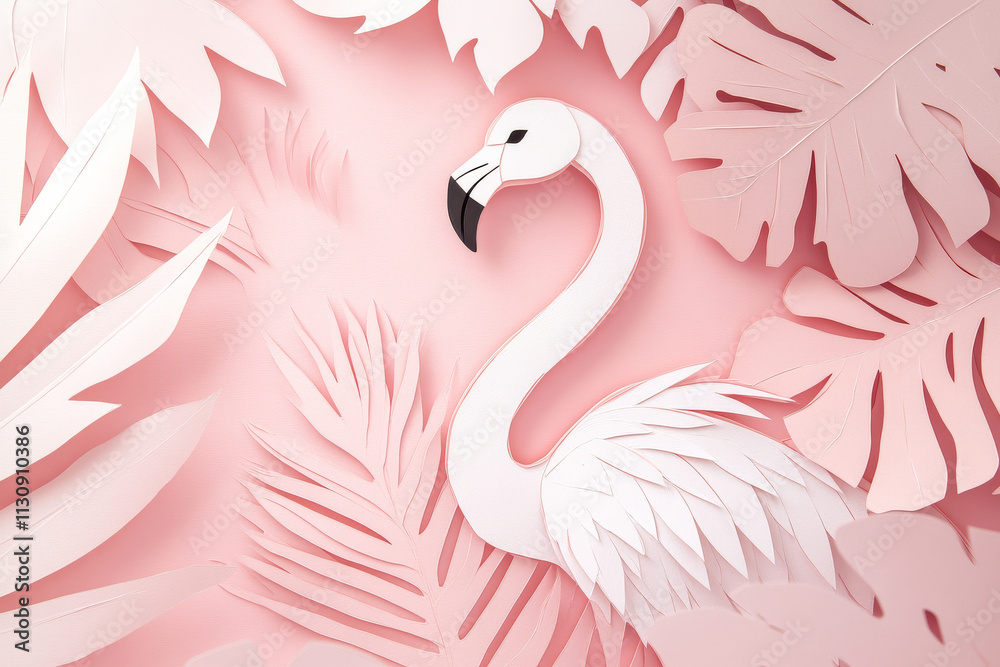 Fototapeta premium Paper cut, flamingo on blush pink background, smooth contours and layered feathers, tropical vibe.