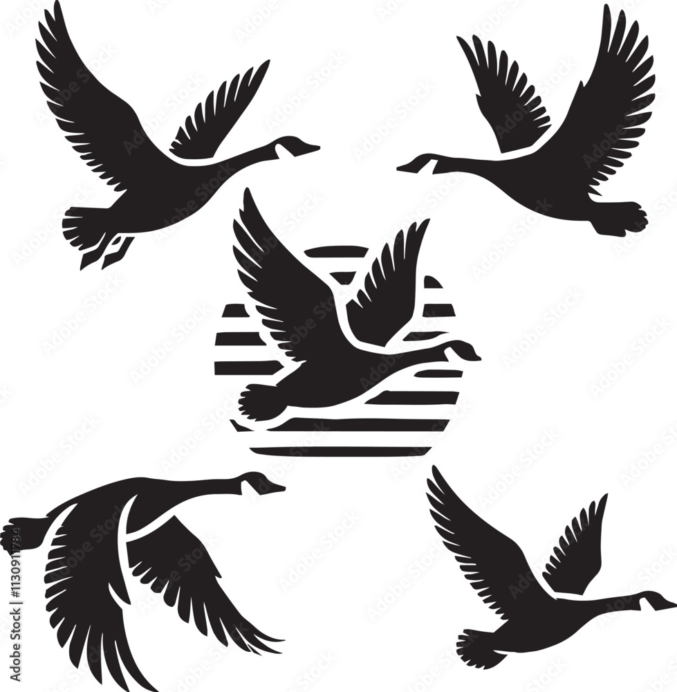 Fototapeta premium black and white wild goose flying illustration set, silhouette set of canada goose 