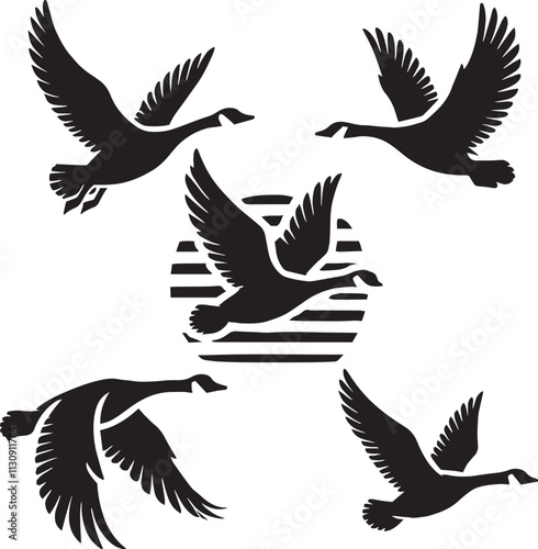 black and white wild goose flying illustration set, silhouette set of canada goose 