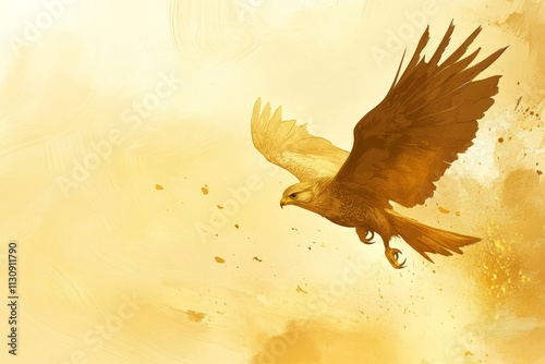 Abstract falcon illustration, sandy yellow background, artistic design featuring falcons and golden accents. photo