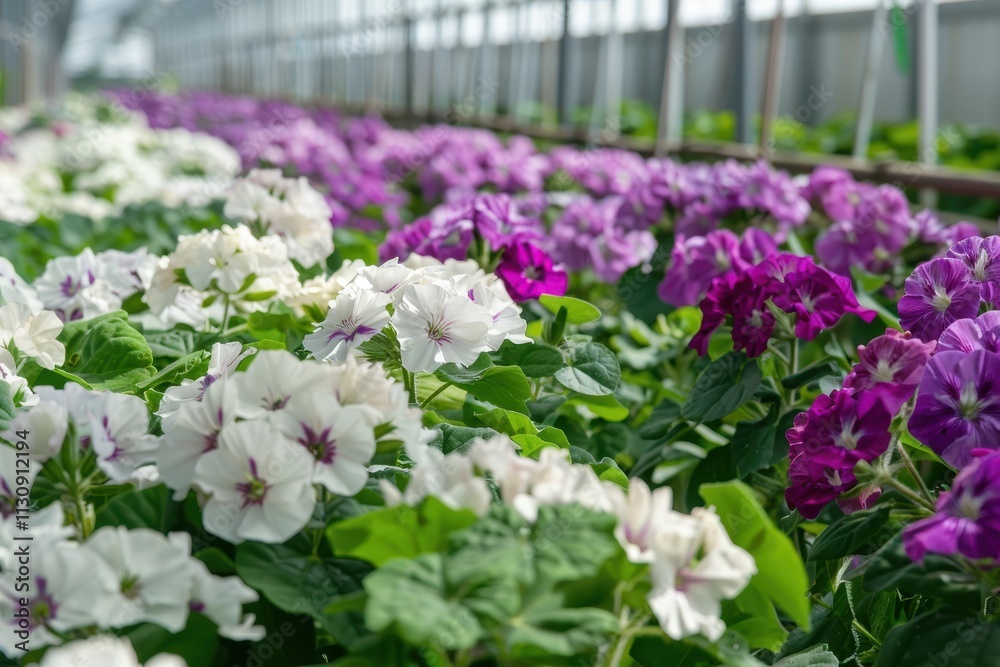 Obraz premium Growing white and purple geraniums in a Dutch greenhouse