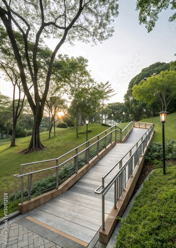 Accessible pathway with metal railings in park during sunset