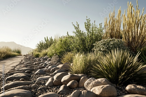 Resilient vegetation thrives in arid landscape nature photography desert terrain bright sky close-up perspective environmental resilience photo