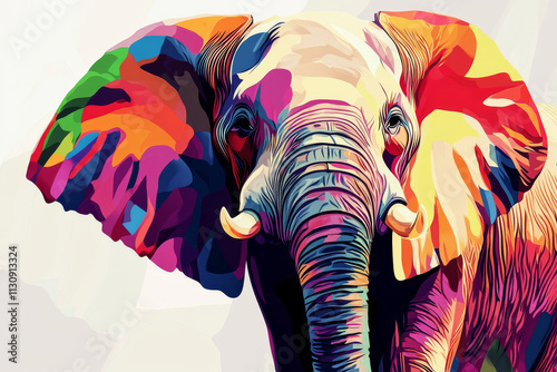 Elephant illustration, bold colors, graphic design, stylized animal portrait, unique art style on a light background, emphasis on features and colors. photo