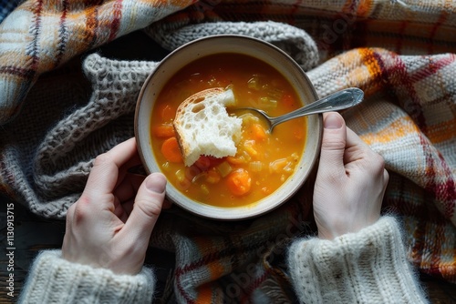 Hands break bread by soup bowl with spoon photo