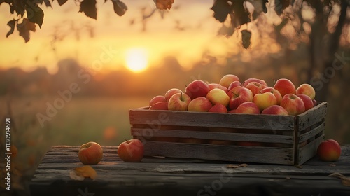 A Wooden Crate Of Apples At Sunset photo