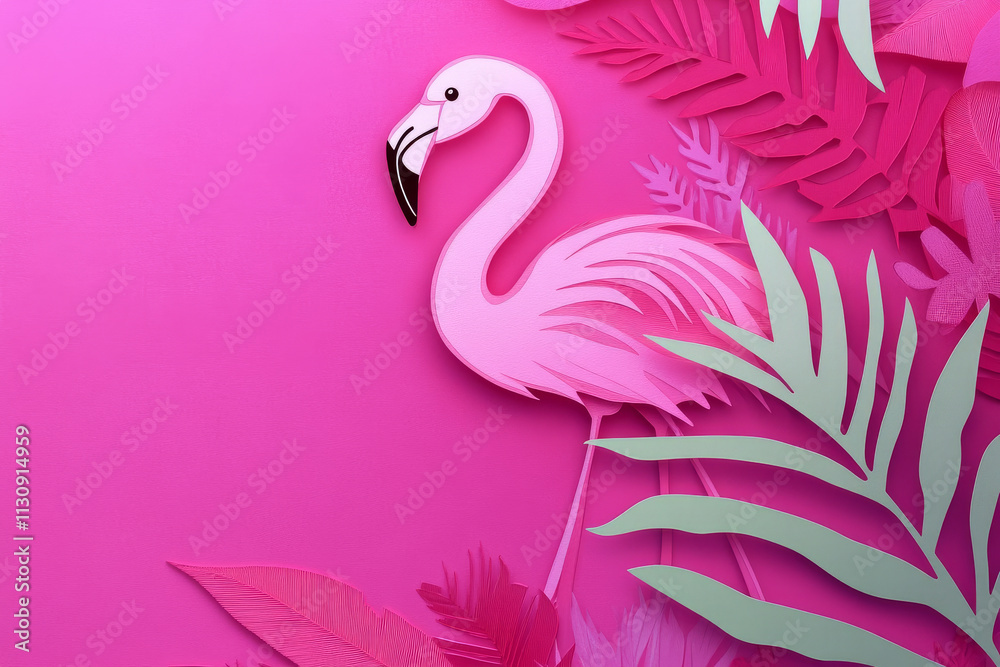 Fototapeta premium Paper cut, flamingo on fuchsia pink background, radiant feathers and slender shapes, tropical bird illustration.