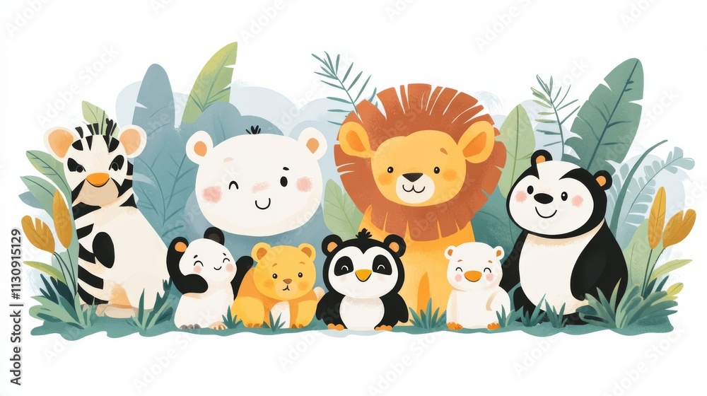 Fototapeta premium An Adorable baby animals playful cute elephant tiger lion penguin bear cartoon illustration animal wildlife fauna zoo safari jungle nature happy