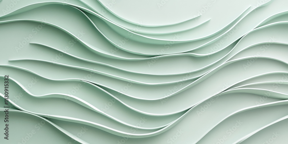 Fototapeta premium Mint green background with flowing wave patterns. The light gray texture adds depth, with smooth lines creating a calm and graceful effect, perfect for elegant wedding card designs.