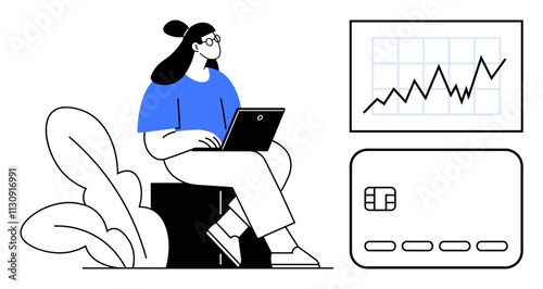 Woman using laptop seated next to plants, financial line graph on screen and credit card icon. Ideal for business, finance, banking, tech, analytics, investing budgeting. Line metaphor
