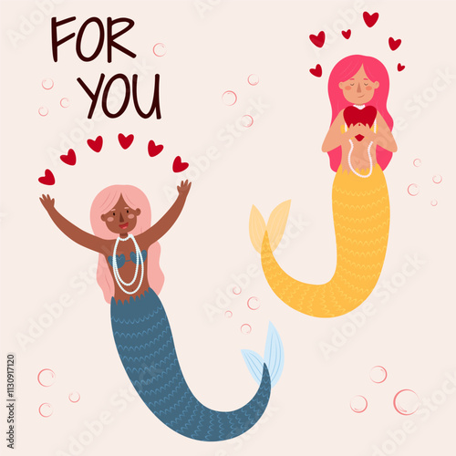 Vector illustration of mermaids of different races. Self-love concept, February 14