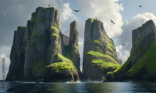 Dramatic cliffs of the Risin and Kellingin sea stacks, Faroe Islands photo