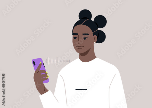 A young African girl listens intently to a voice message on her smartphone, embodying the blend of tradition and modern communication while showcasing her serene expression