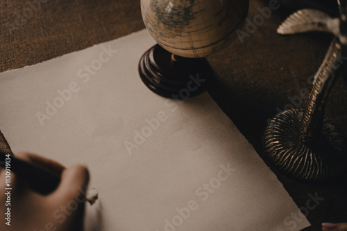 Calligraphic writing with a globe and a candlestick in an old-fashioned style. Ink pen writing on a blank piece of white paper. photo