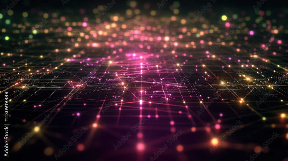 Obraz premium A vibrant abstract representation of a digital network with colorful glowing nodes, symbolizing connectivity and technology.