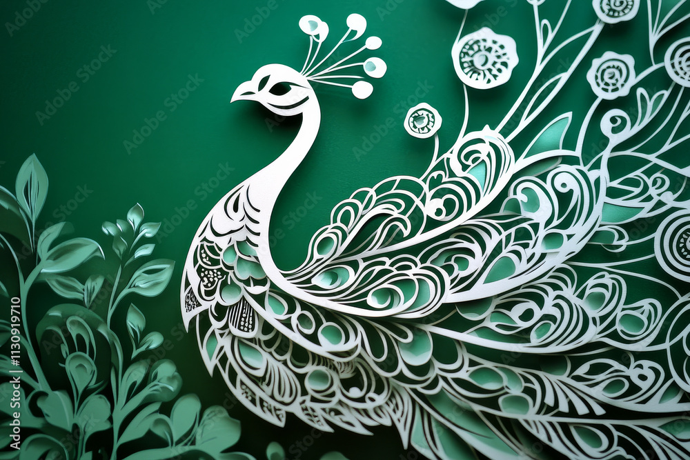 Fototapeta premium Paper cut, peacock on emerald green background, elaborate patterns and radiant feathers, royal bird concept.