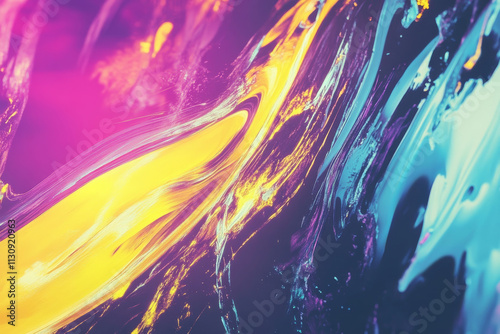 A radiant abstract background with glowing streaks of golden yellow, purple, and aqua moving dynamically. photo