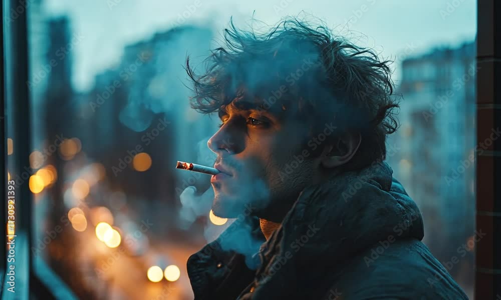 A contemplative young man smoking in an urban setting.