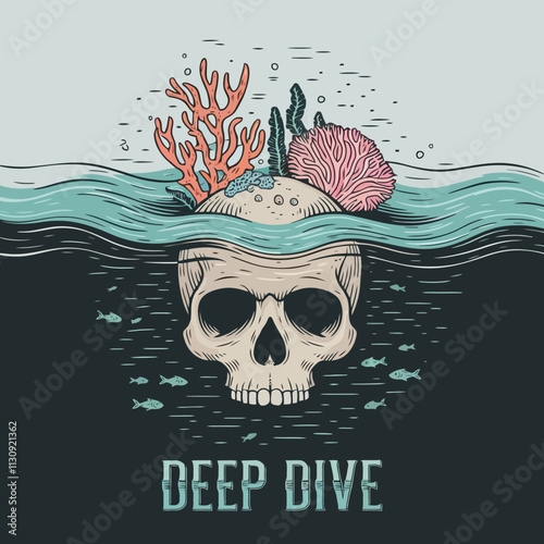 Deep dive logo with skull, coral, and underwater scene