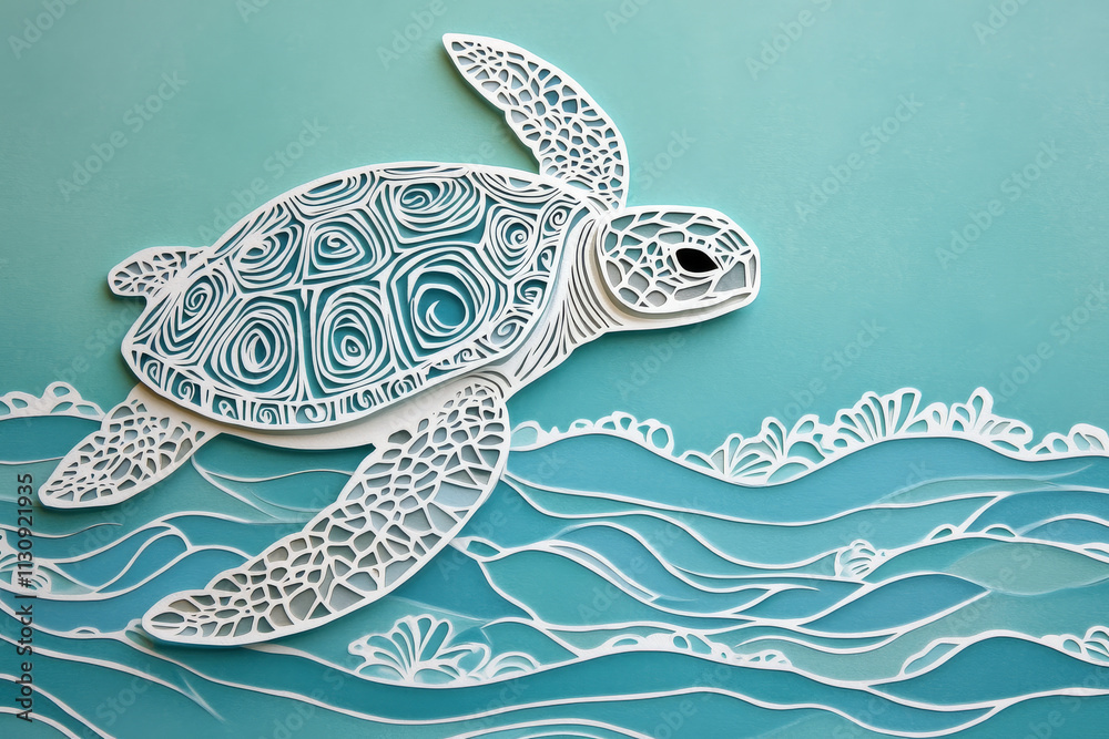 Fototapeta premium Paper cut, sea turtle on aquamarine background, intricate shell patterns and gentle waves, marine life art.