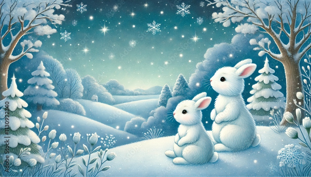 Obraz premium Two White Rabbits Sitting Peacefully Under a Starry Winter Sky Surrounded by Snow-Covered Hills, Frosted Trees, and Blooming Winter Flowers