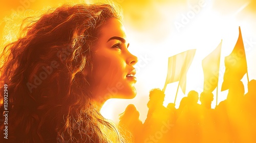 abstract representation of a woman’s profile combined with symbolic imagery of marches, banners, and the power of collective voices demanding change. [Women]:[rights movements]  photo