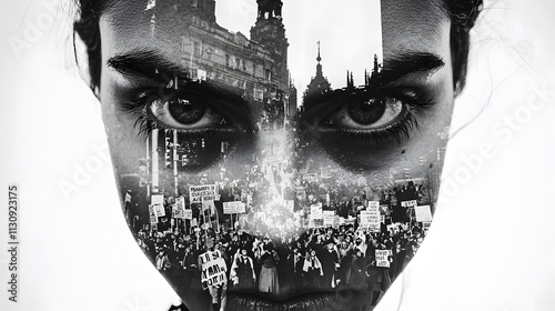 exposure of a woman’s eyes filled with determination, with overlapping images of women’s suffrage marches and protests for gender equality. [Women]:[rights movements] 