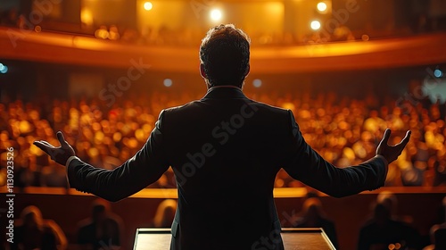 A preacher passionately gestures while delivering a sermon to a large audience in a megachurch