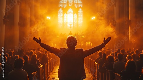 A preacher with raised hands worshiping in a church with a united crowd represents religion