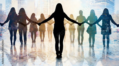 of a woman linking arms with others, overlaid with an image of unity and collective strength. | [Women]:[rights movements] 
