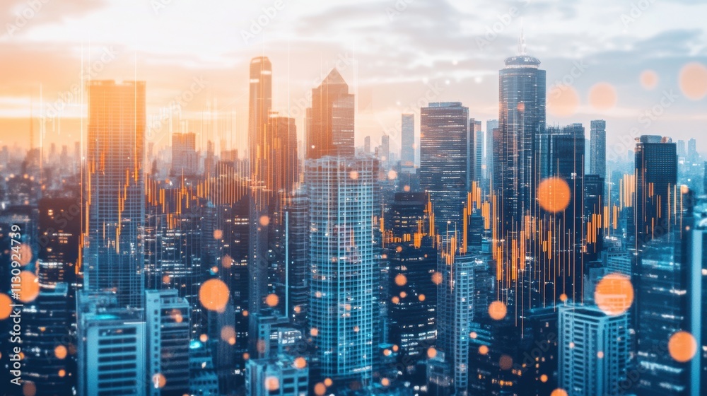 Obraz premium Urban skyline with financial graph overlay during sunset view