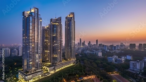 High-rise commercial buildings in Gurgaon, India, during dusk with lights illuminating the skyline.