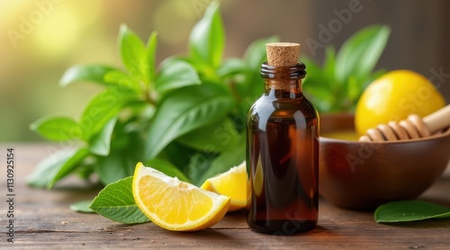 A glass bottle of essential oil sits alongside fresh lemons and mint leaves on a rustic wooden table, evoking natural wellness and herbal remedies