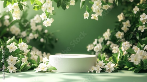 Serene green podium, adorned with jasmine blossoms, evokes tranquility