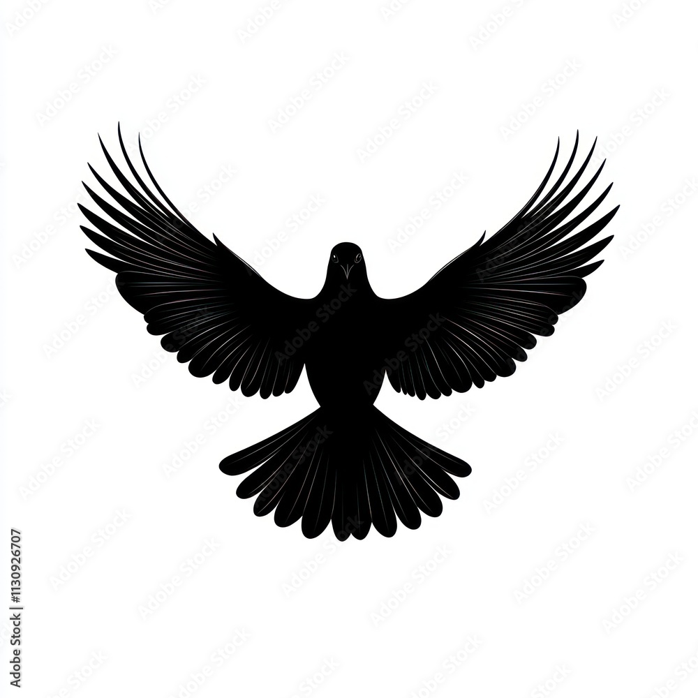 Fototapeta premium Silhouette of a soaring black bird, likely a dove or pigeon, with outstretched wings, in a stylized graphic design.