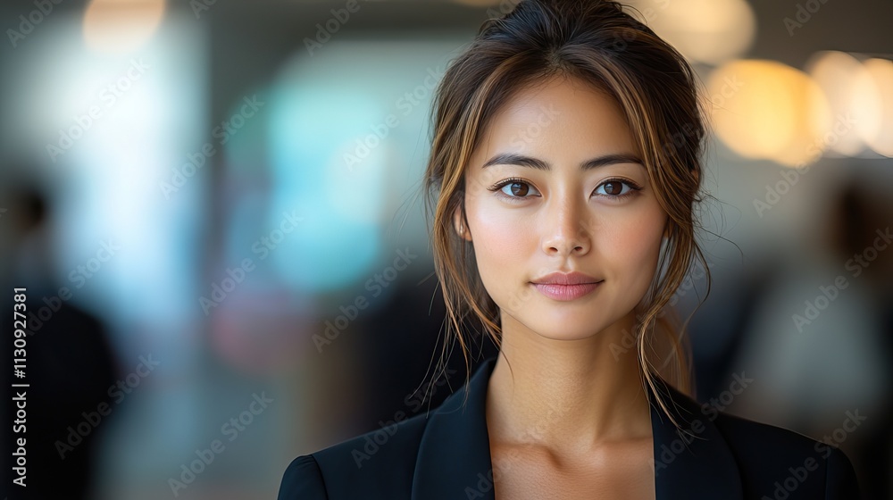 Obraz premium A serious Asian woman poses in a studio, representing career pride and confidence in her role as a journalist or reporter