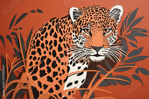 Paper cut, leopard on copper brown background, bold spots and sleek layers, wild predator theme. photo