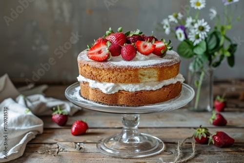 Wallpaper Mural Homemade summer dessert strawberry and cream cake on glass stand rustic table Torontodigital.ca
