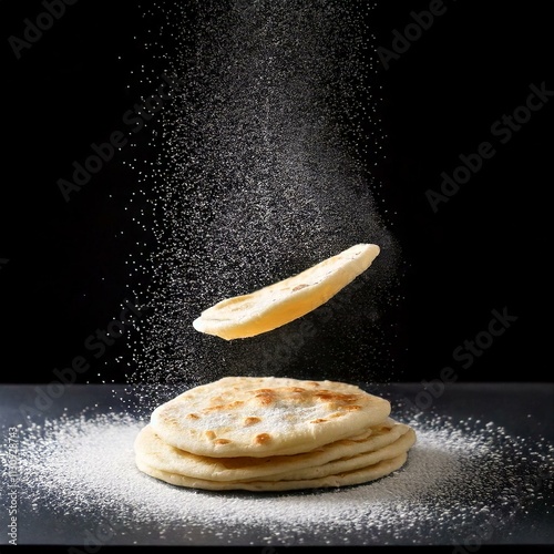 Indian Traditional Cuisine Chapati The Phooli (Air filled) Roti, Fulka flying, Indian Bread, Flatbread, Whole Wheat Flat Bread, Chapati. On dark textured background.	 photo