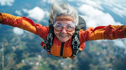 A skydiving senior woman takes a selfie, capturing the thrill of extreme sport and adventurous retirement