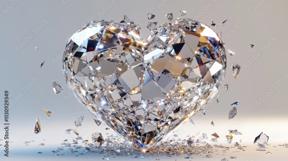 Fototapeta premium An intricately designed heart-shaped diamond sparkles with brilliance, surrounded by shimmering shards of crystal.