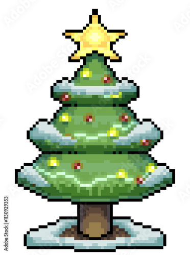 Pixel art Christmas tree with bright lights, colorful ornaments, and a shining star on top.