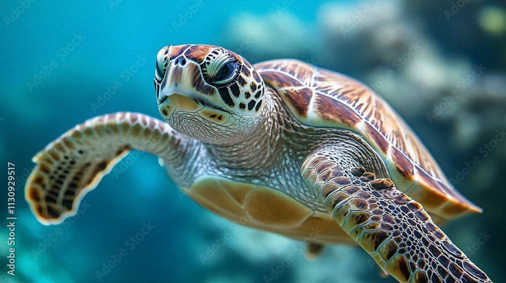 Fototapeta premium Close-up of a sea turtle swimming in an aquarium.